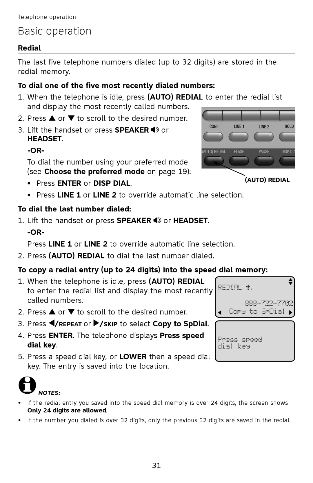 AT&T ML17939, ML17959 Redial, To dial one of the five most recently dialed numbers, Press Enter or Disp Dial, Dial key 