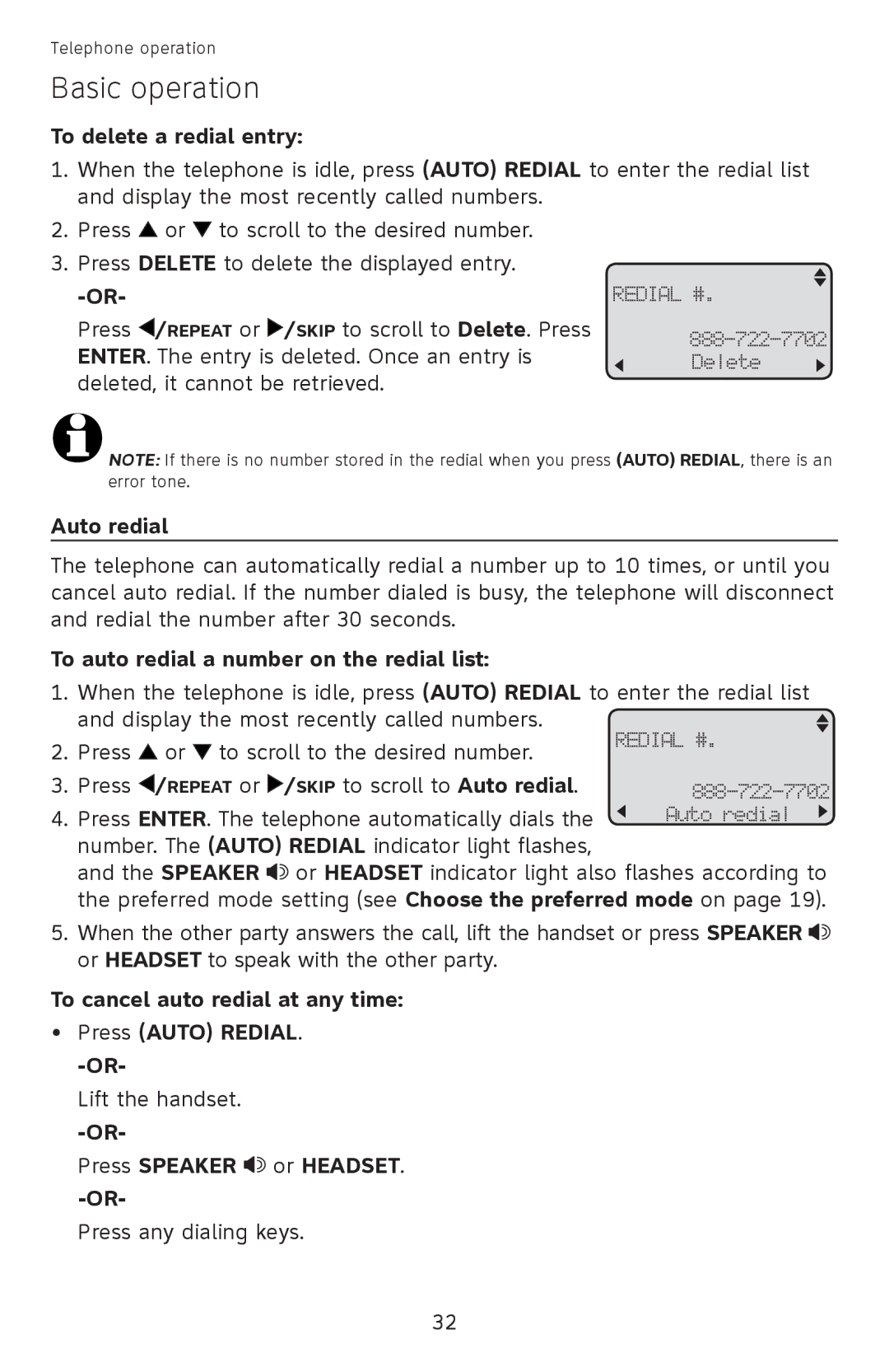 AT&T ML17959 To delete a redial entry, Auto redial, To auto redial a number on the redial list, Press Speaker or Headset 