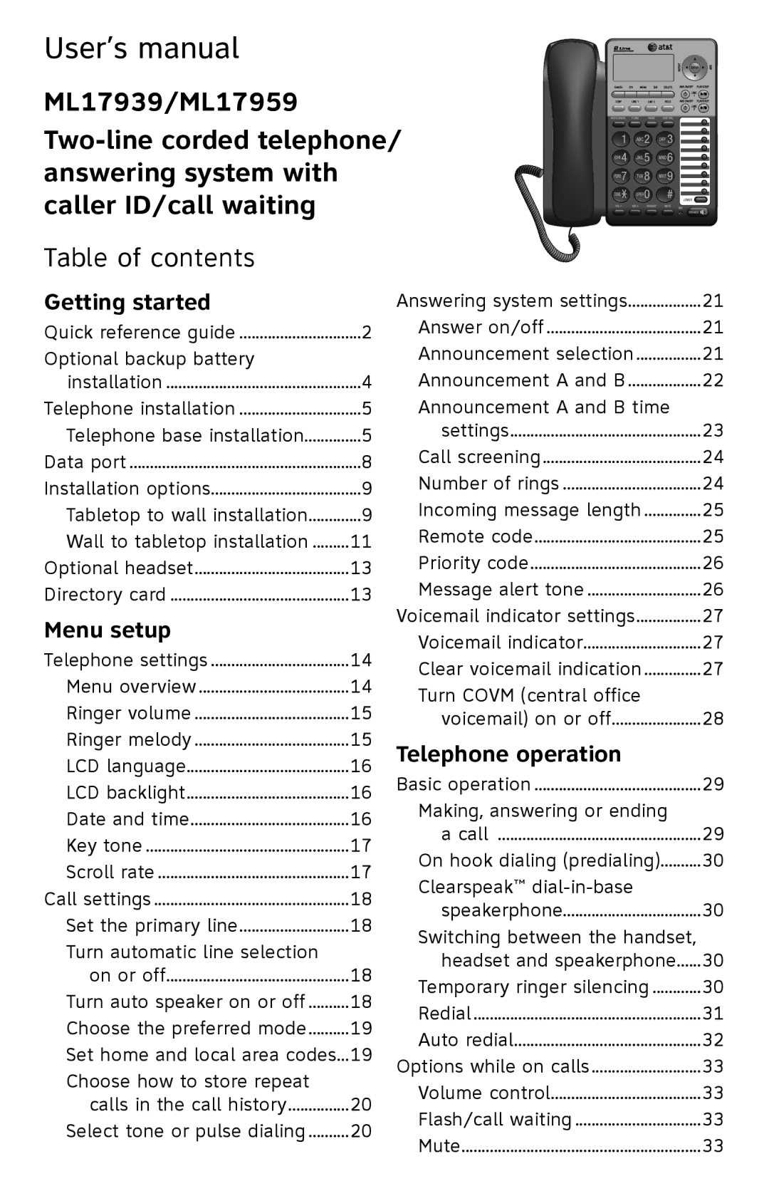 AT&T ML17939, ML17959 user manual Table of contents 