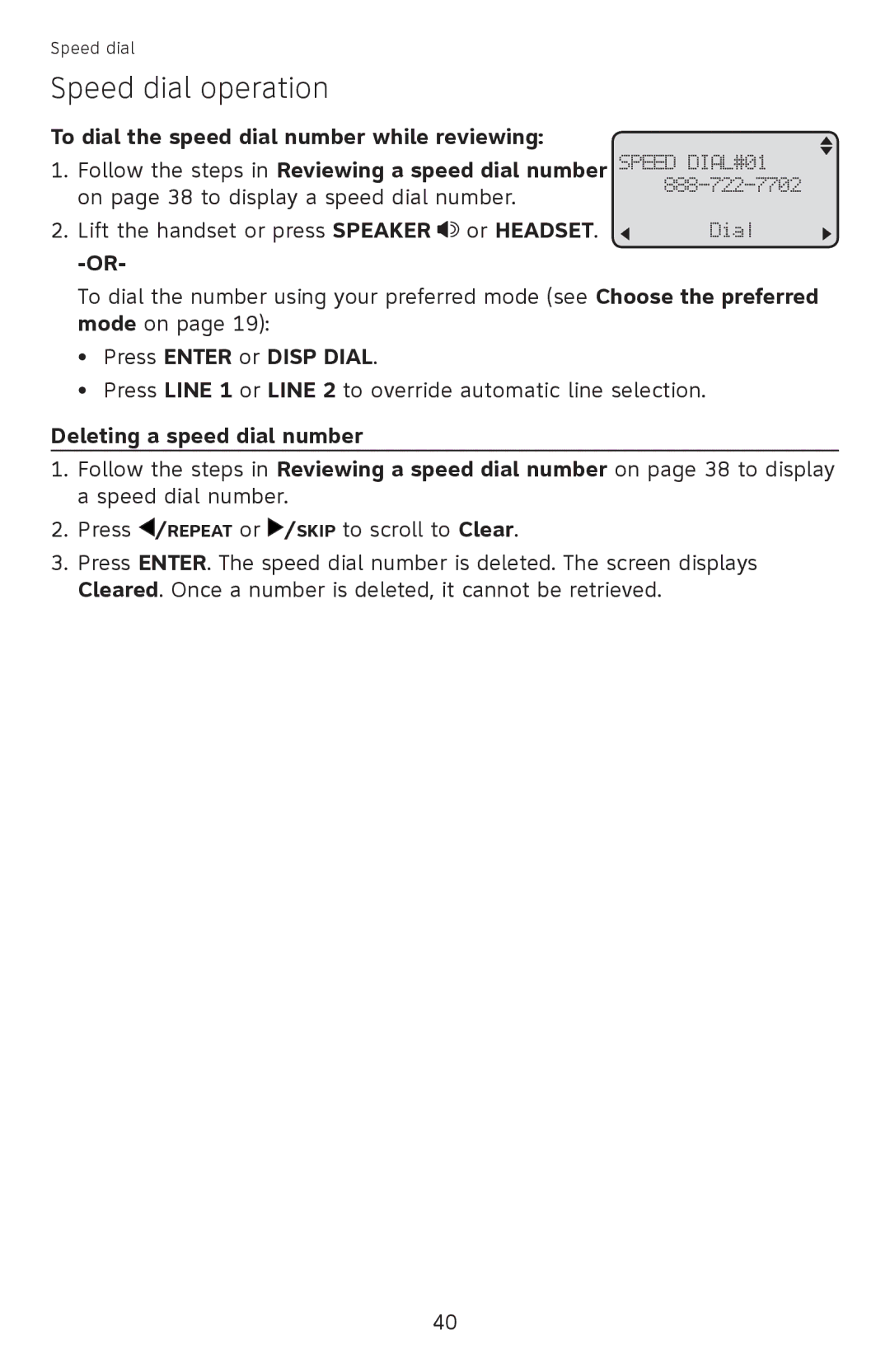 AT&T ML17959, ML17939 user manual Press Enter or Disp Dial, Deleting a speed dial number 