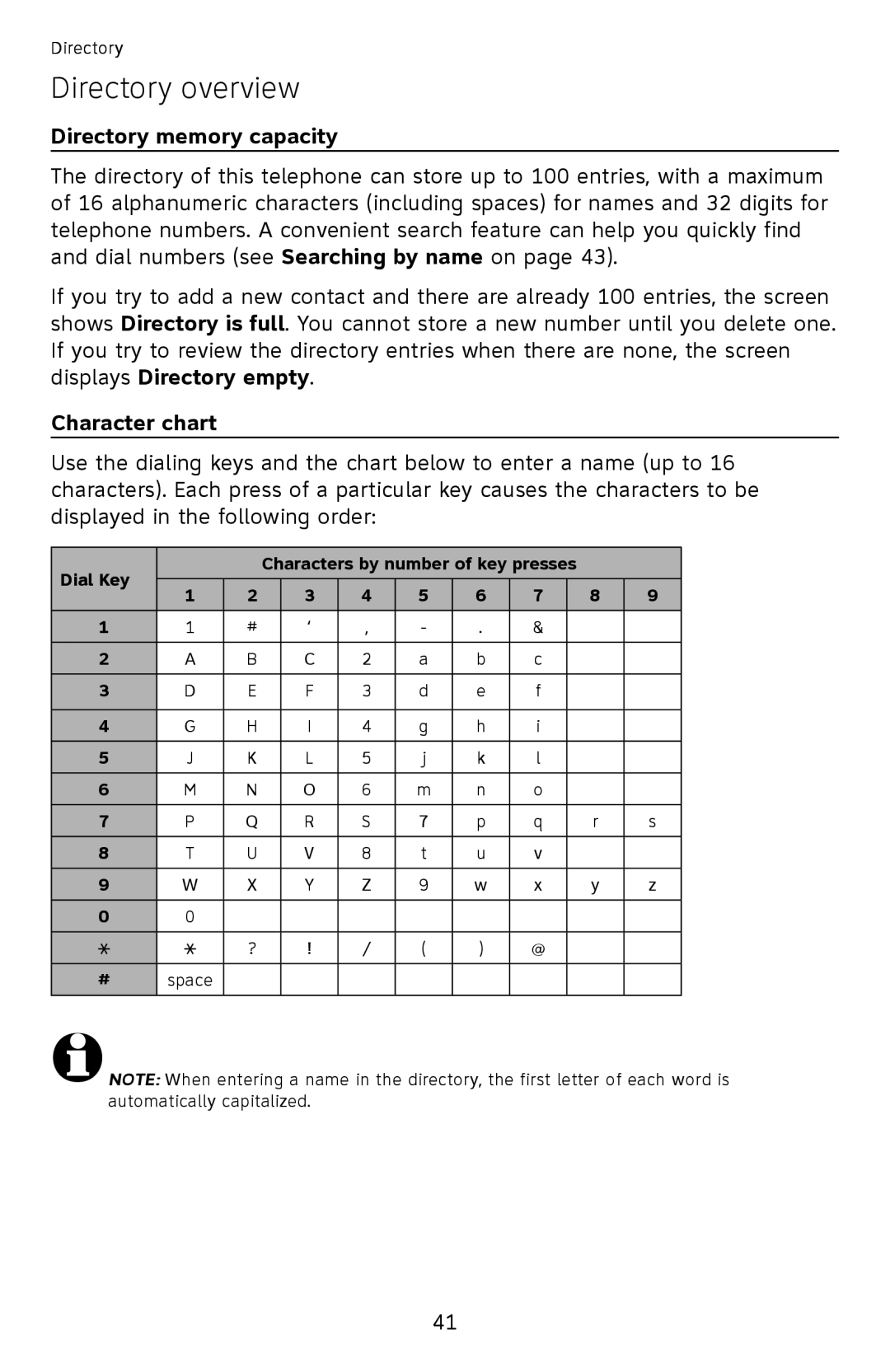 AT&T ML17939, ML17959 user manual Directory overview, Directory memory capacity, Character chart 