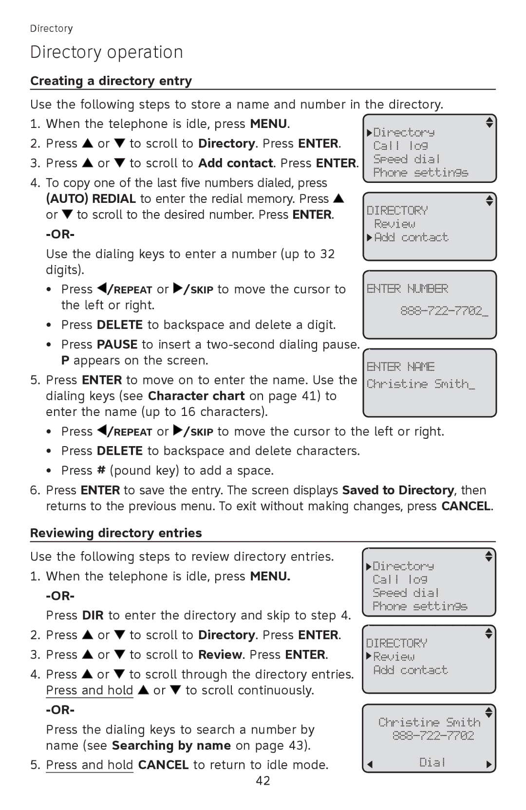 AT&T ML17959, ML17939 user manual Directory operation, Creating a directory entry, Reviewing directory entries 