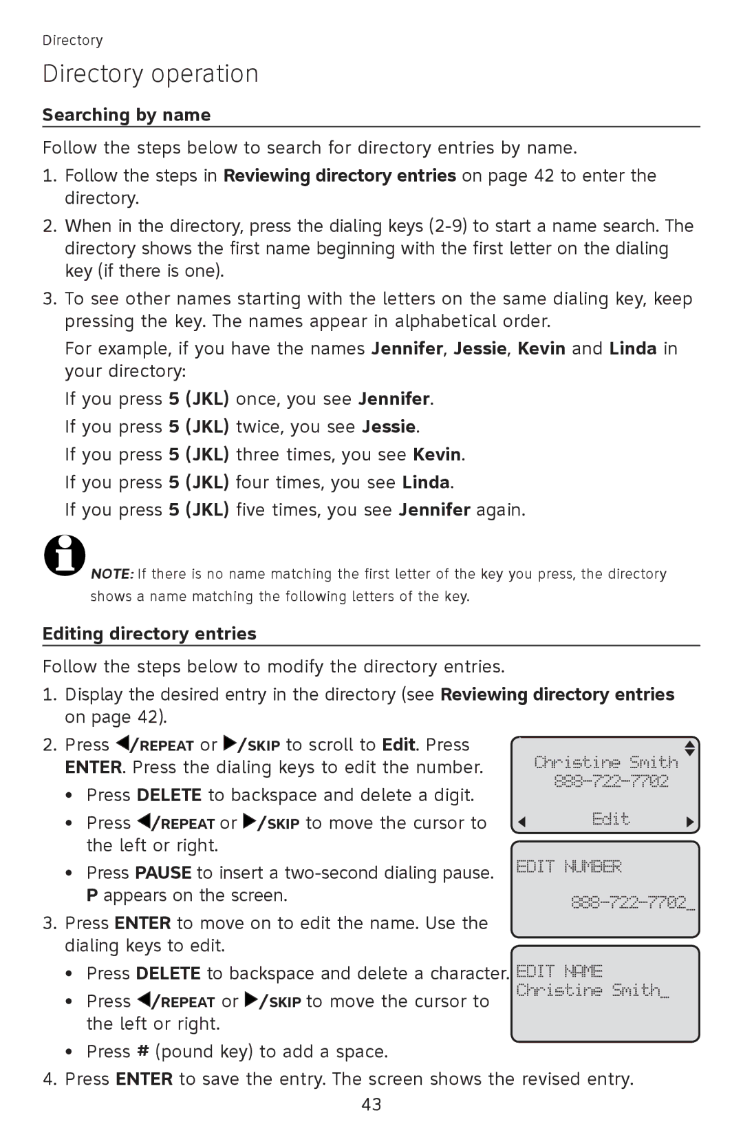 AT&T ML17939, ML17959 user manual Searching by name, Editing directory entries 