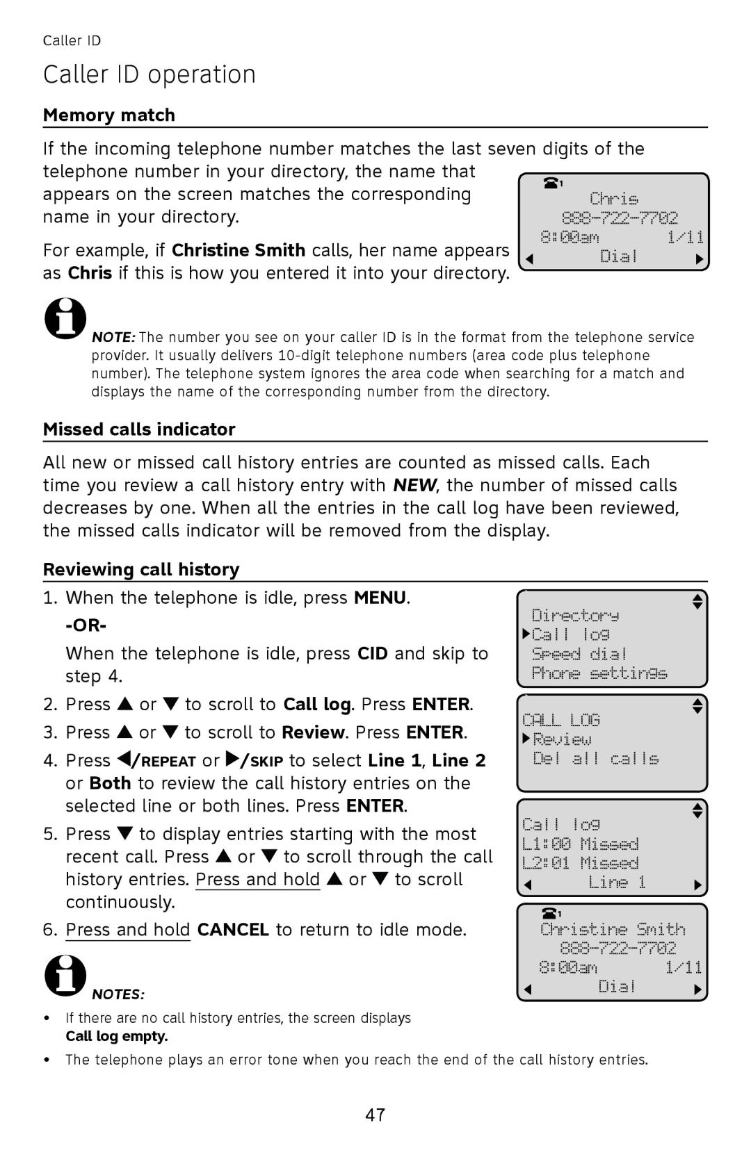 AT&T ML17939, ML17959 user manual Caller ID operation, Memory match, Missed calls indicator, Reviewing call history 