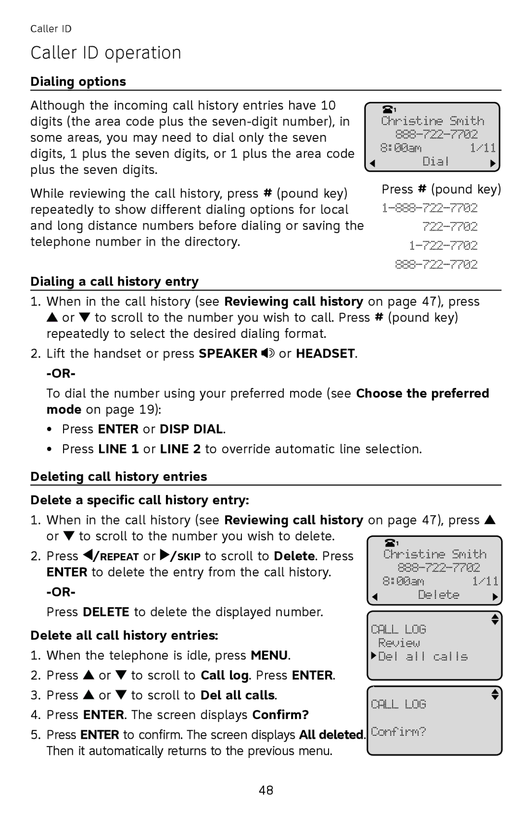 AT&T ML17959, ML17939 user manual Dialing options, Dialing a call history entry, Delete all call history entries 