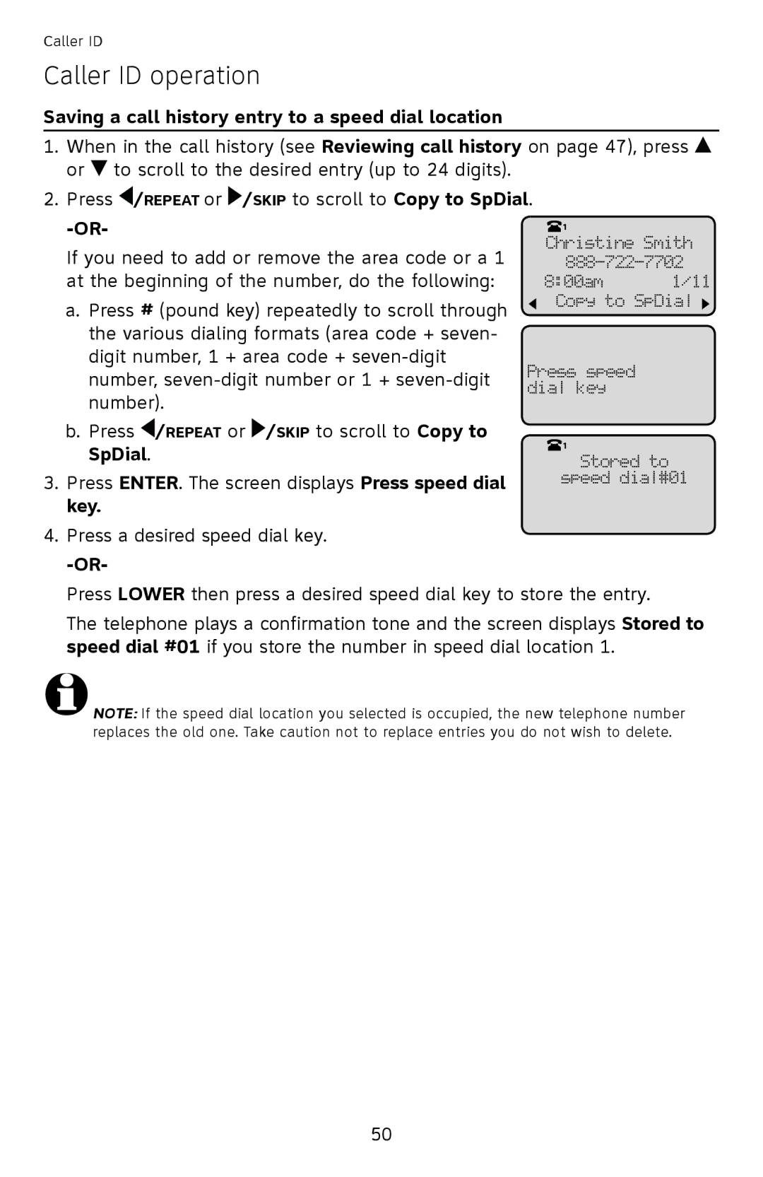 AT&T ML17959, ML17939 user manual Saving a call history entry to a speed dial location, SpDial, Key 