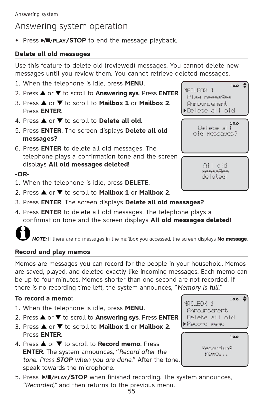 AT&T ML17939, ML17959 Delete all old messages, Messages?, Displays All old messages deleted, Record and play memos 