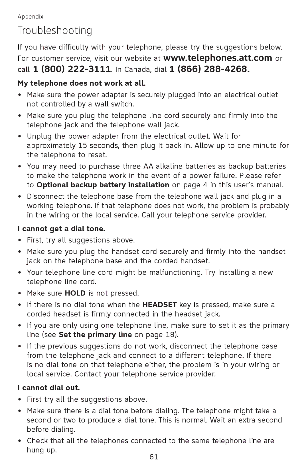 AT&T ML17939, ML17959 Troubleshooting, My telephone does not work at all, Cannot get a dial tone, Cannot dial out 