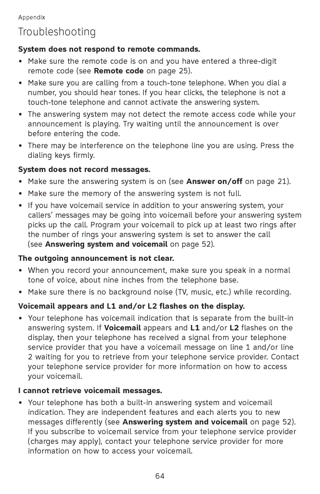 AT&T ML17959, ML17939 user manual System does not respond to remote commands, System does not record messages 