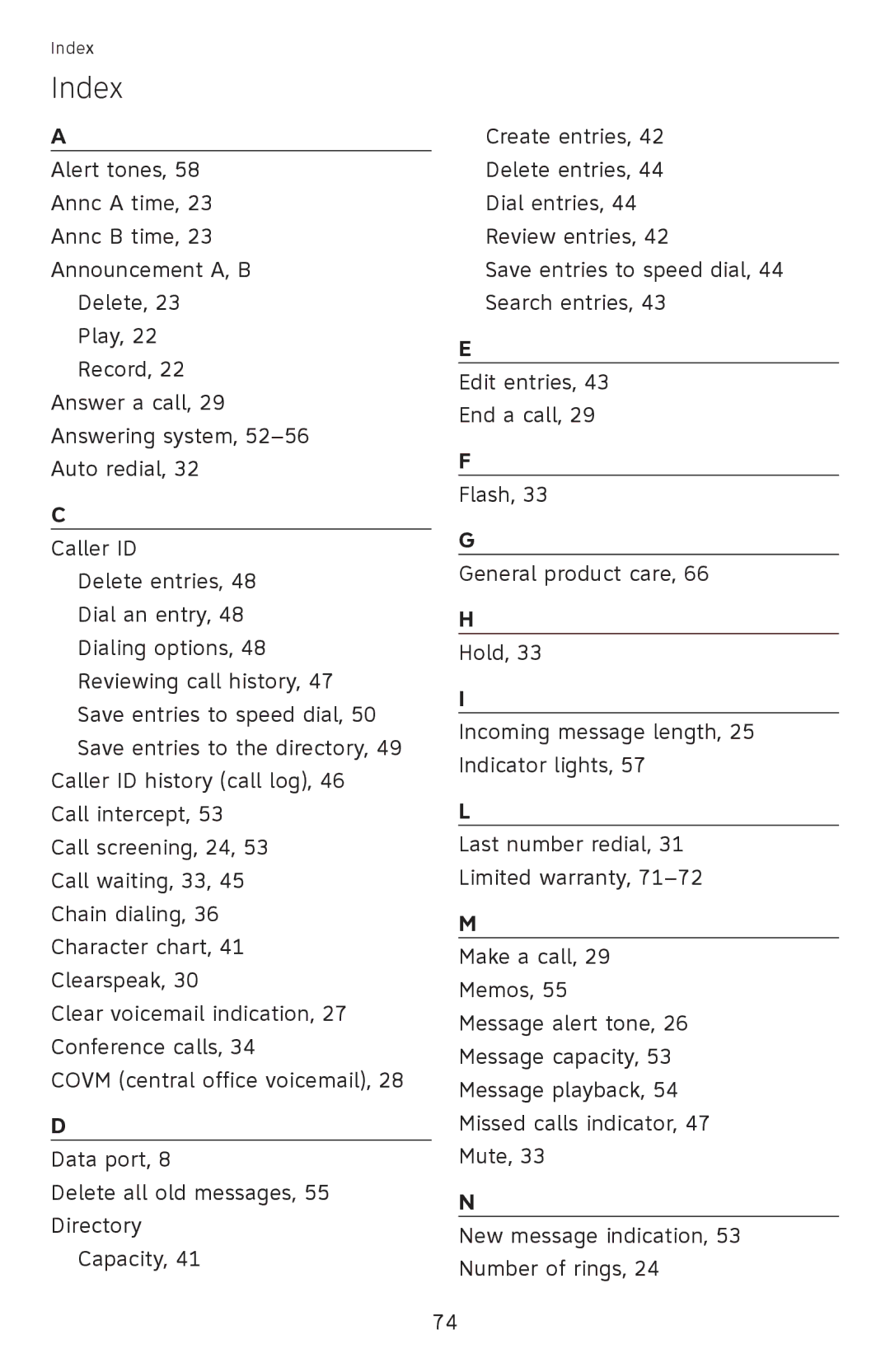 AT&T ML17959, ML17939 user manual Index 