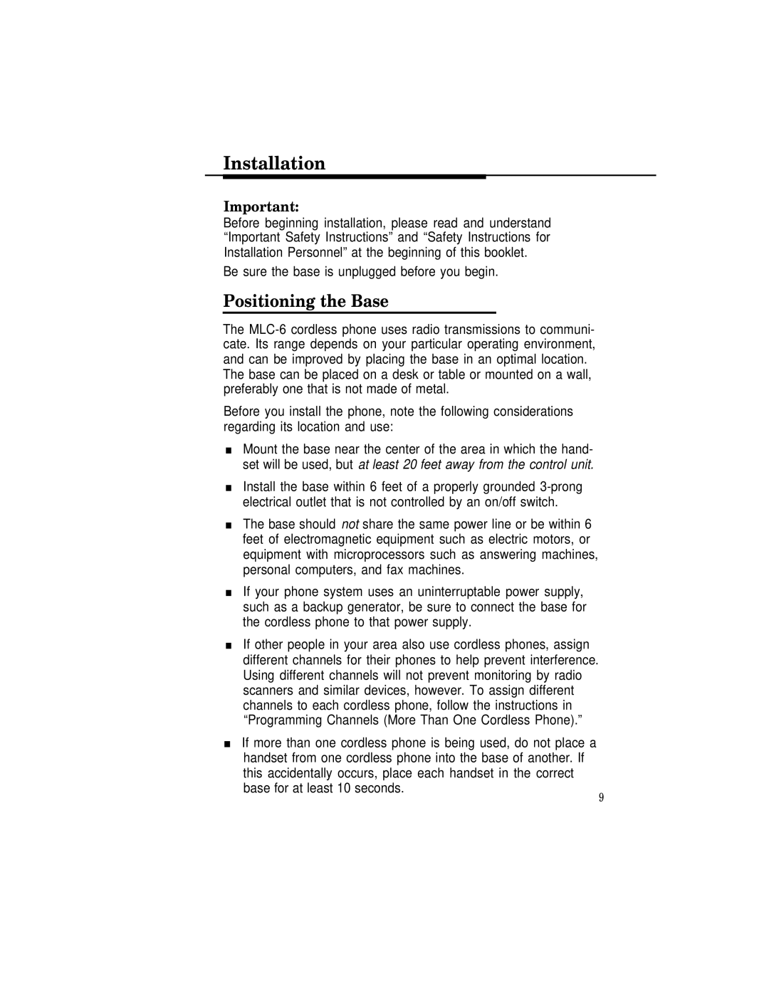 AT&T MLC-6 manual Installation, Positioning the Base 