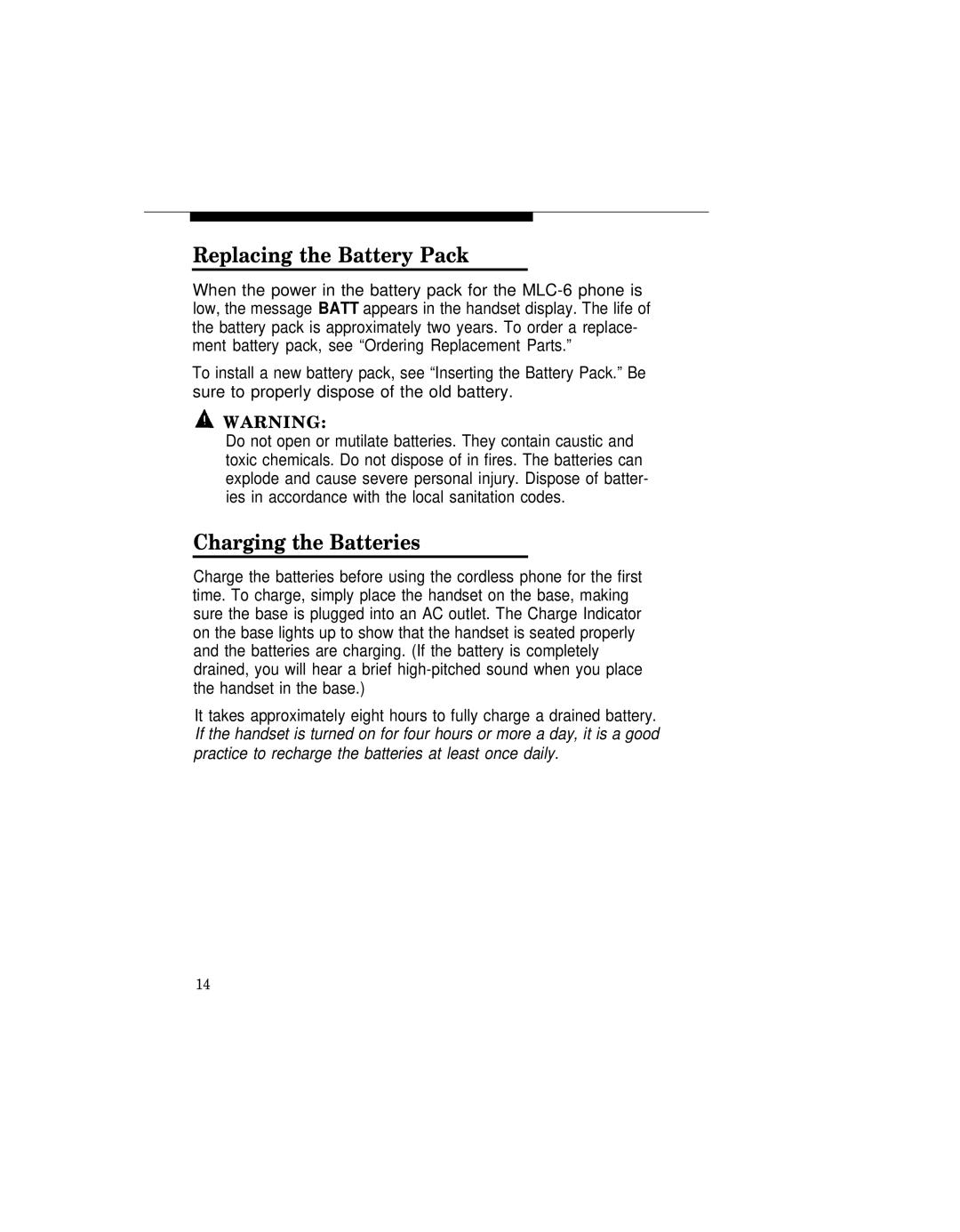 AT&T MLC-6 manual Replacing the Battery Pack, Charging the Batteries 