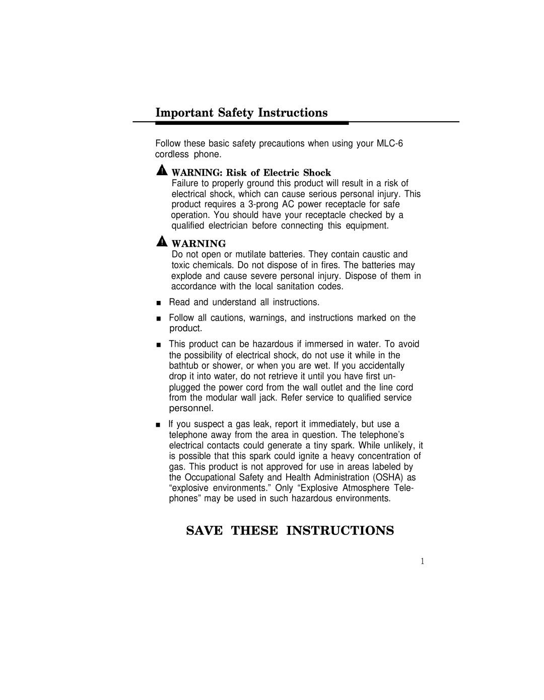 AT&T MLC-6 manual Important Safety Instructions 