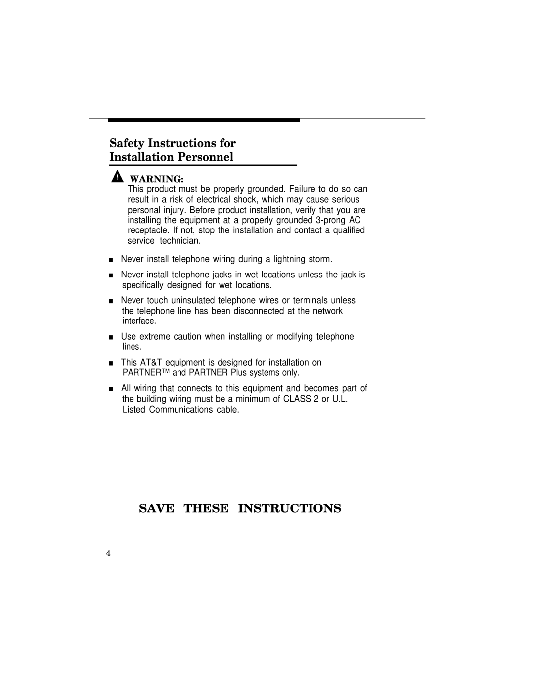 AT&T MLC-6 manual Safety Instructions for Installation Personnel 