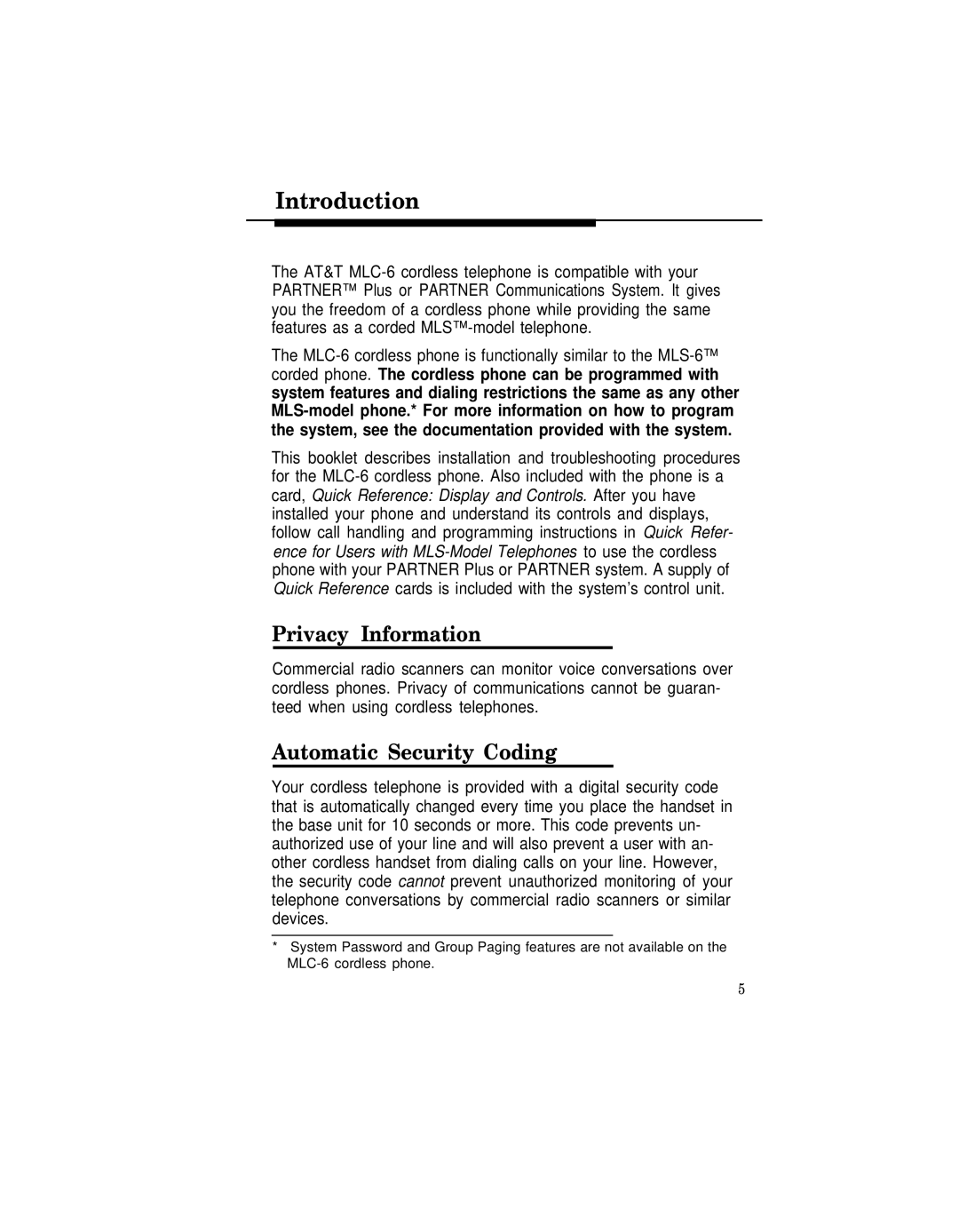 AT&T MLC-6 manual Introduction, Privacy Information, Automatic Security Coding 