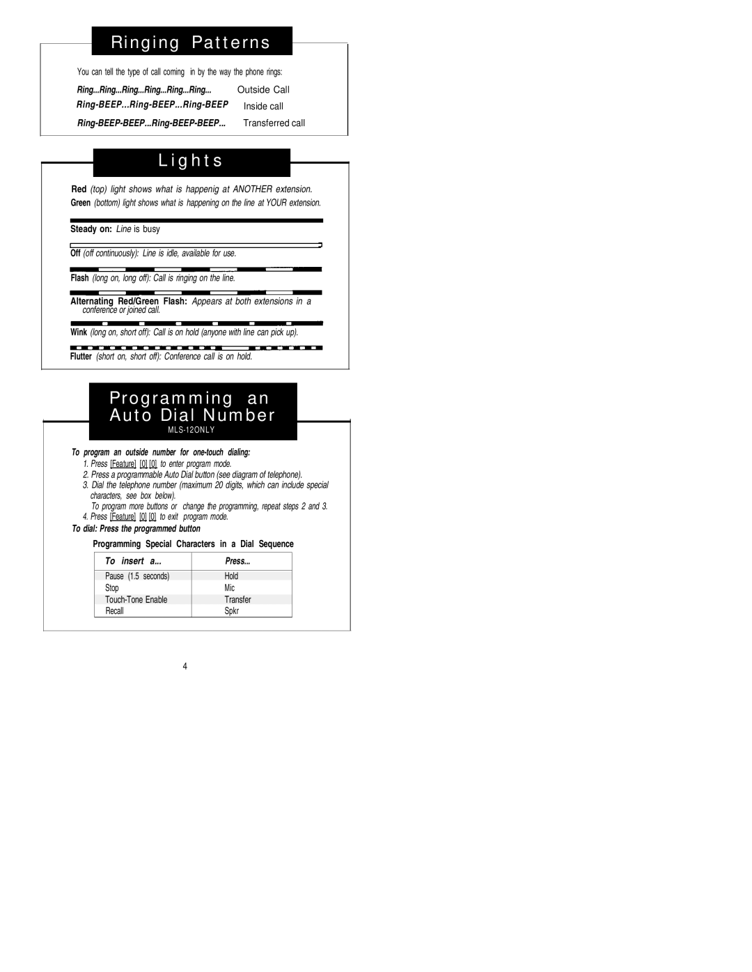 AT&T MLS-12D manual Outside Call, Inside call, To program an outside number for one-touch dialing, Press 