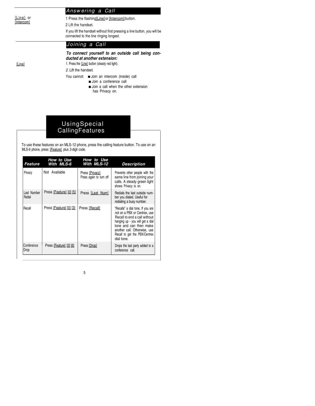 AT&T MLS-12D manual Answering a Call, Joining a Call 