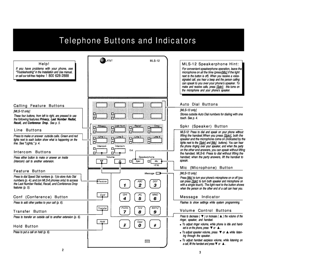 AT&T MLS-12D manual Telephone Buttons and Indicators 