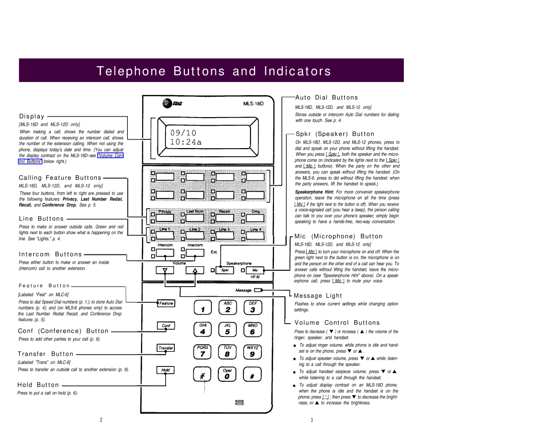 AT&T manual MLS-18D and MLS-12D only, MLS-18D, MLS-12D, and MLS-12 only, Press to put a call on hold p 