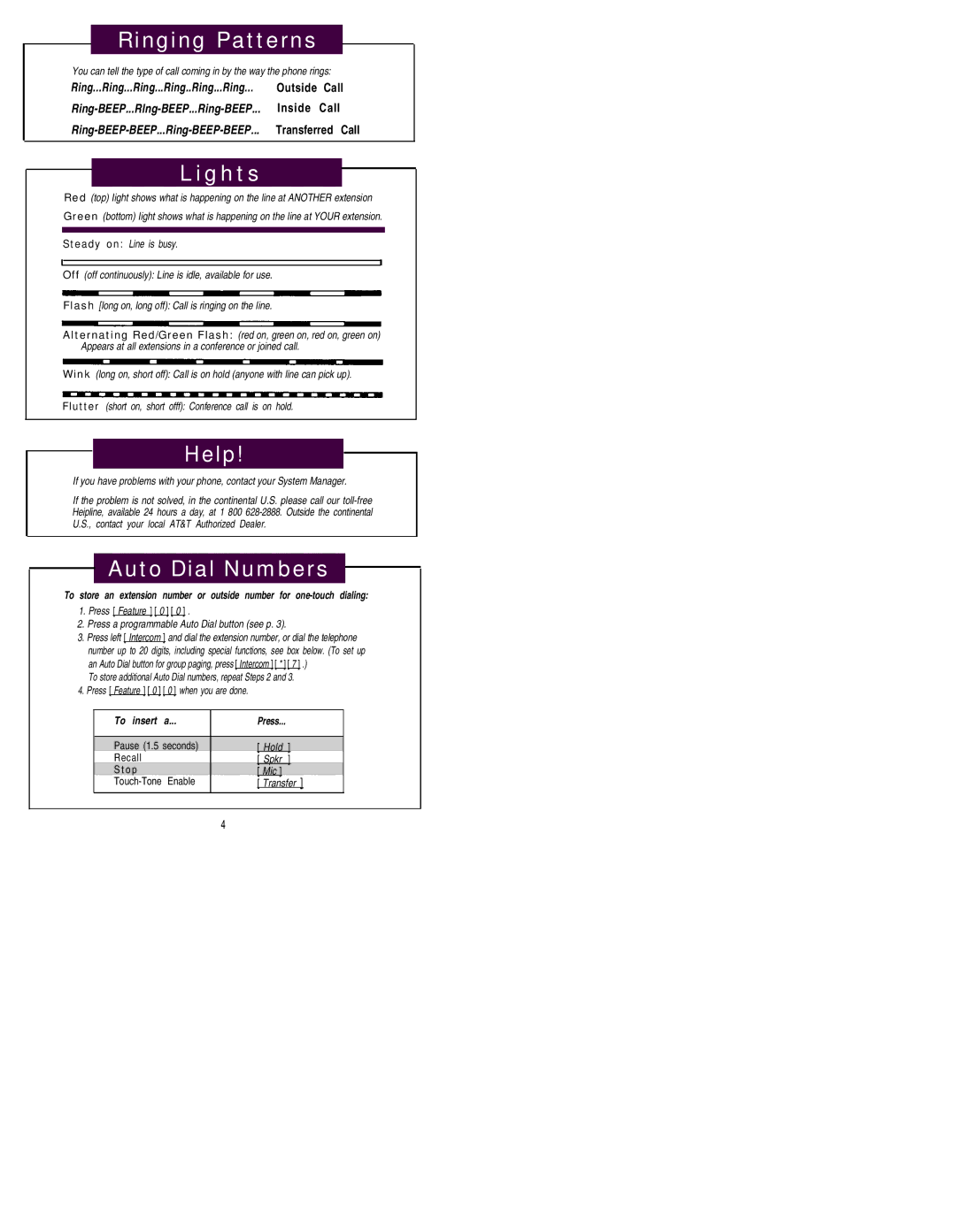 AT&T MLS-18D, MLS-12D manual Ringing Patterns, Lights, Help, Auto Dial Numbers 