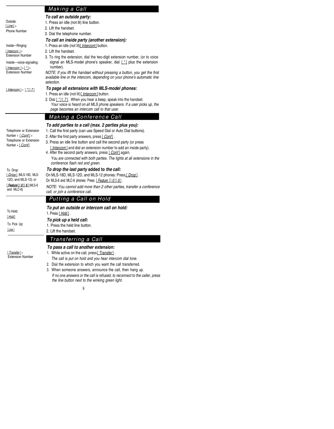 AT&T MLS-18D, MLS-12D manual Making a Call, Making a Conference Call, Putting a Call on Hold, Transferring a Call 