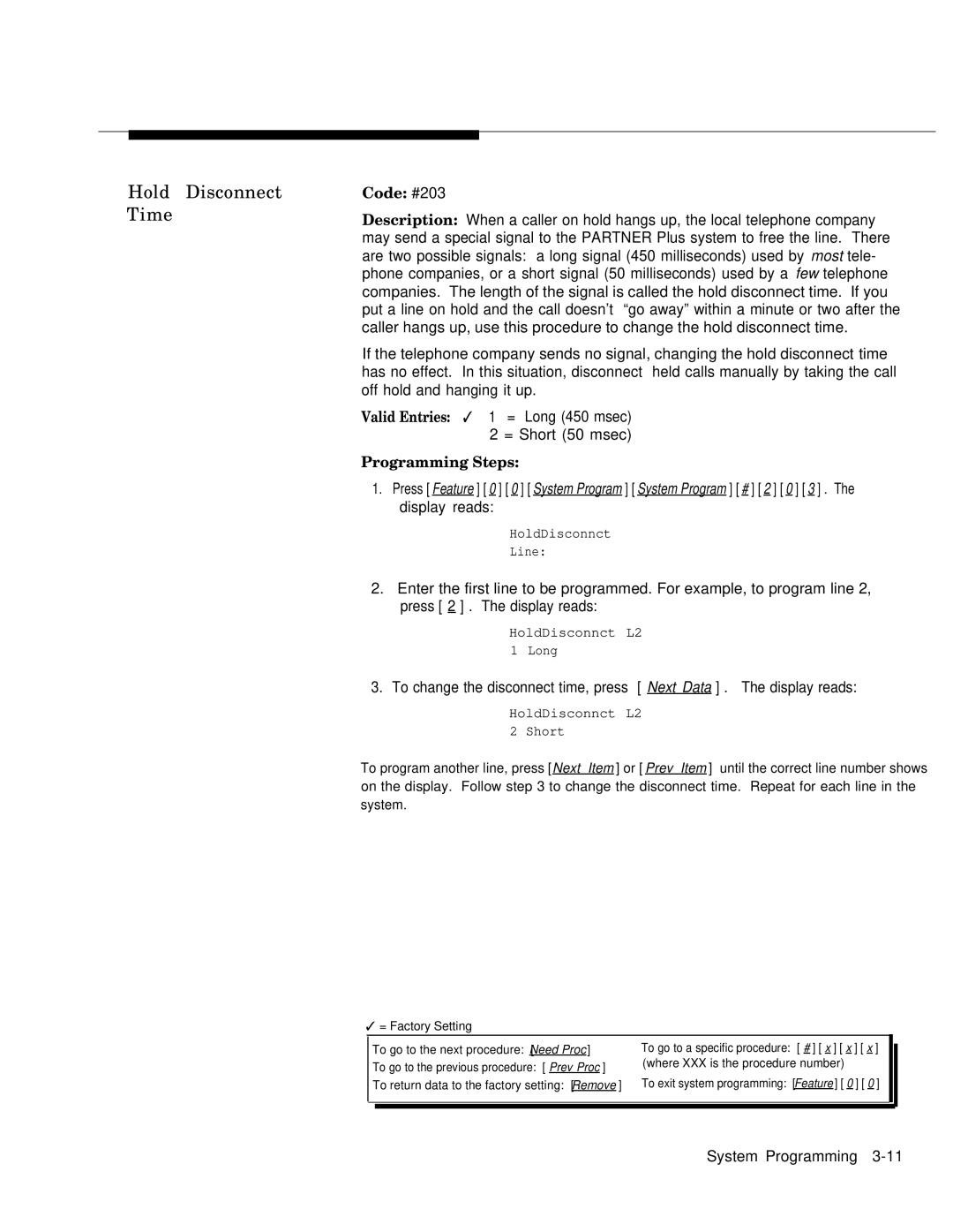 AT&T MLS-12DTM, MLS-12TM, MLS-6TM manual Hold Disconnect Time, Code #203 