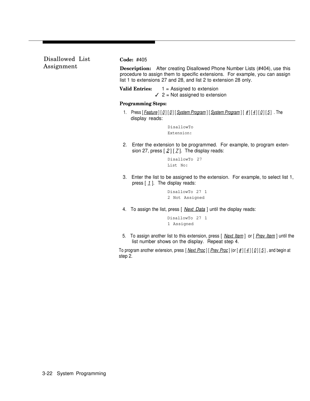 AT&T MLS-12DTM, MLS-12TM, MLS-6TM manual Disallowed List Assignment, Code #405 