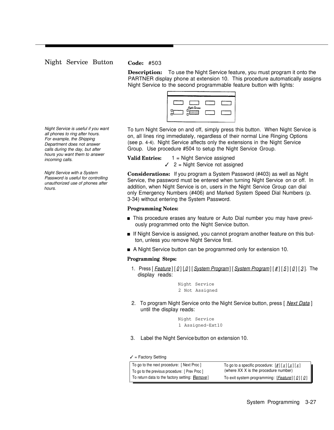 AT&T MLS-12DTM, MLS-12TM, MLS-6TM manual Night Service Button, Code #503, Programming Notes 