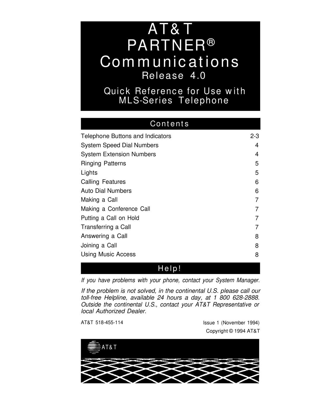 AT&T manual AT&T Partner, Quick Reference for Use with MLS-Series Telephone 