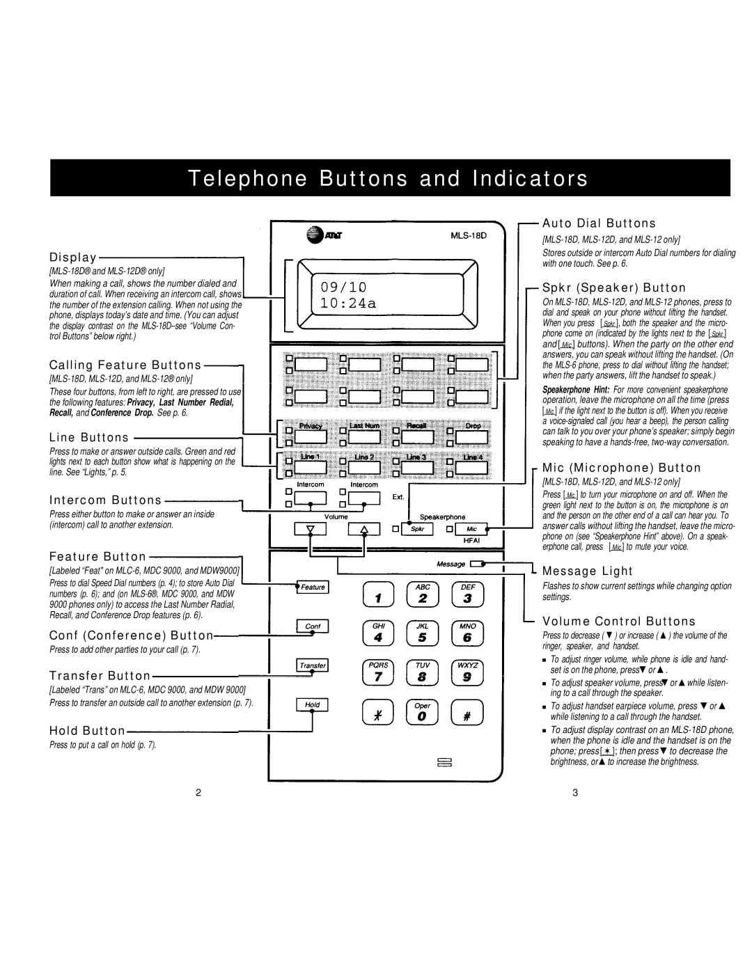 AT&T MLS-Series manual Telephone Buttons and Indicators, Display 