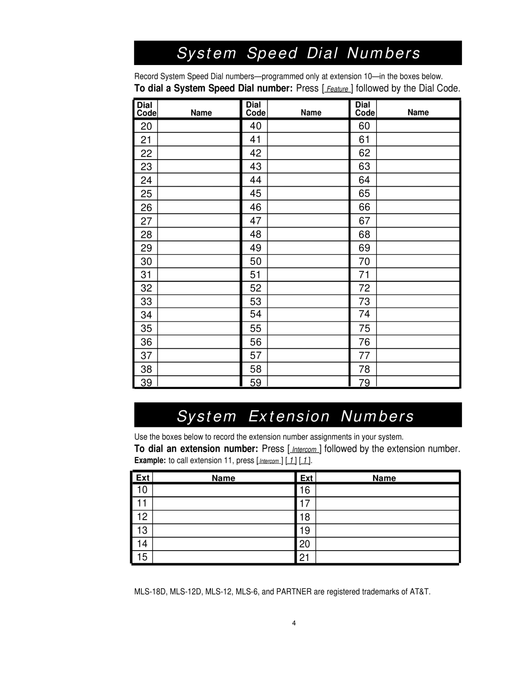 AT&T MLS-Series manual System Speed Dial Numbers 