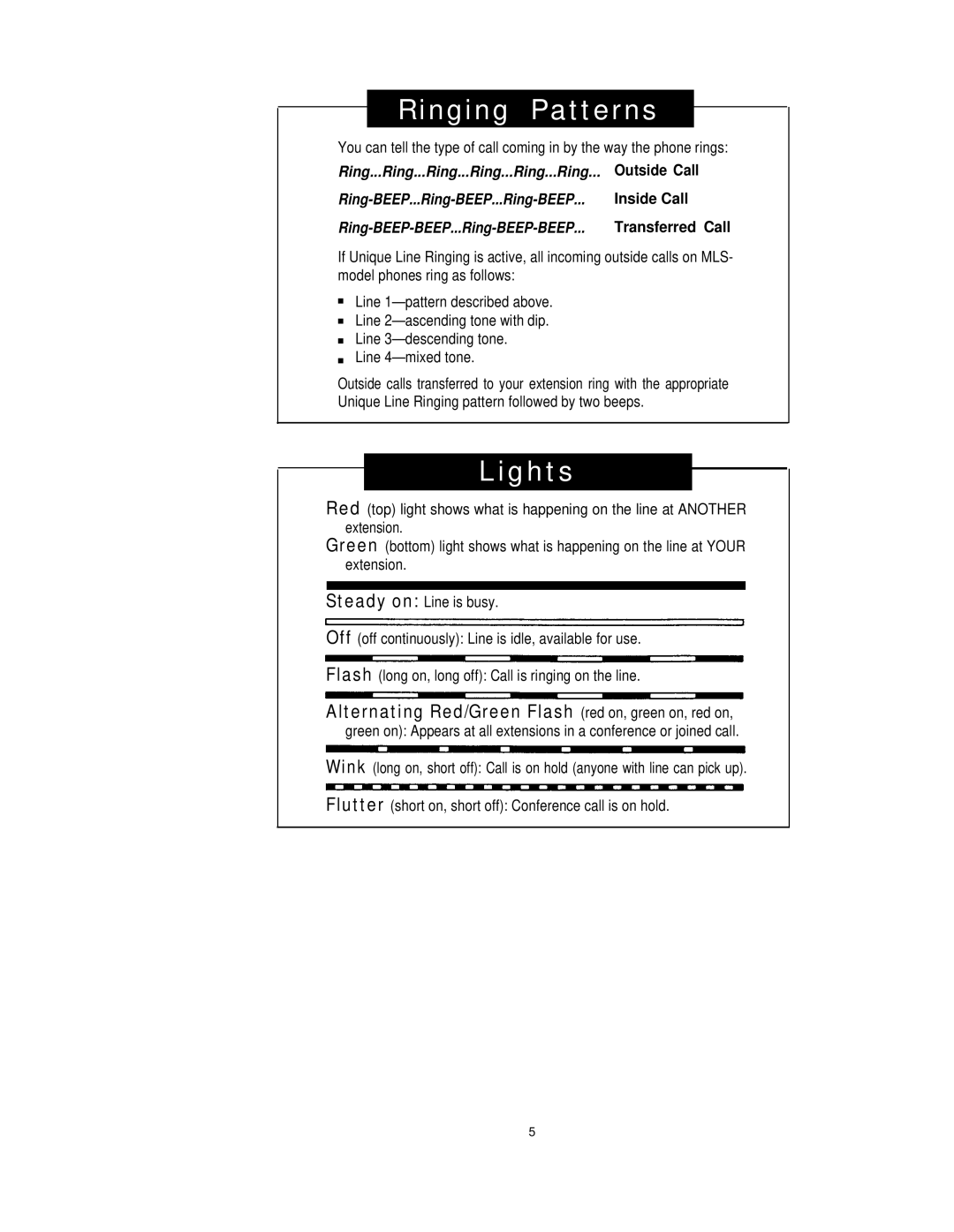 AT&T MLS-Series manual Ringing Patterns, Lights 