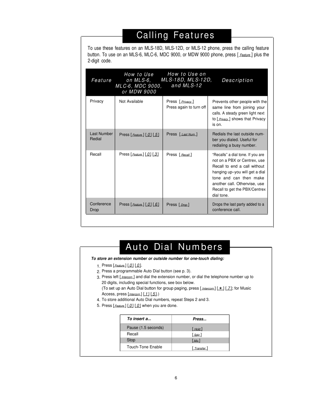 AT&T MLS-Series manual Calling Features, Auto Dial Numbers 