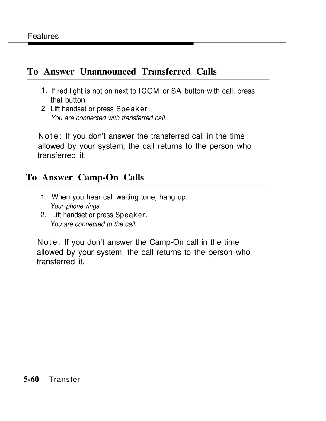 AT&T MLX-10 manual To Answer Unannounced Transferred Calls, To Answer Camp-On Calls 