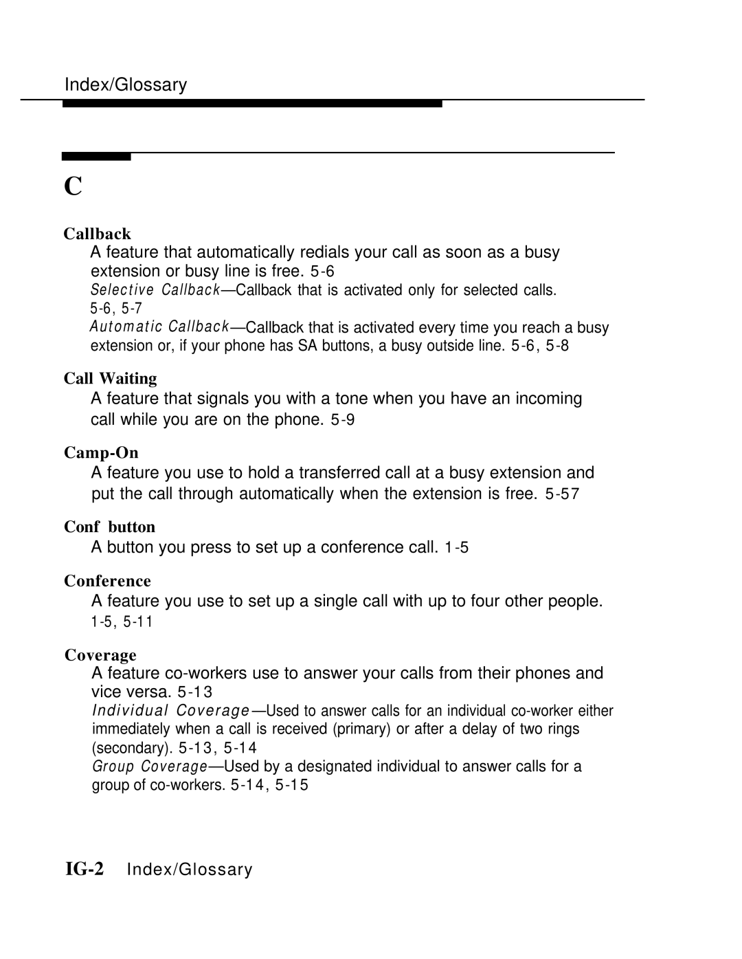 AT&T MLX-10 manual Callback, Call Waiting, Camp-On, Conf button, Conference, Coverage 