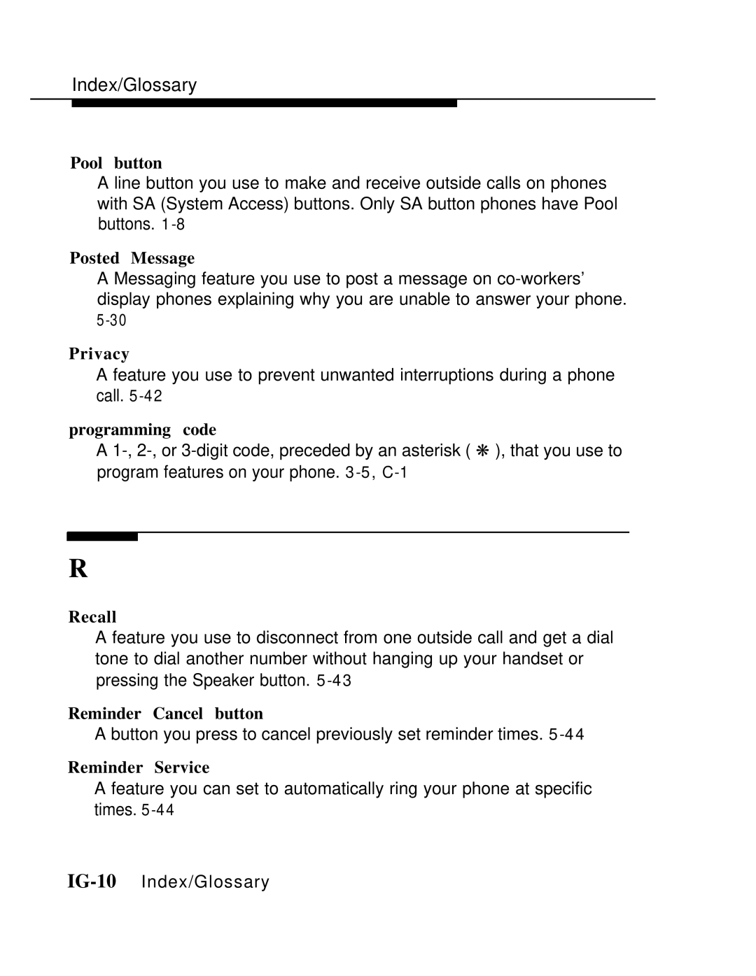AT&T MLX-10 manual Pool button, Posted Message, Privacy, Programming code, Recall, Reminder Cancel button, Reminder Service 