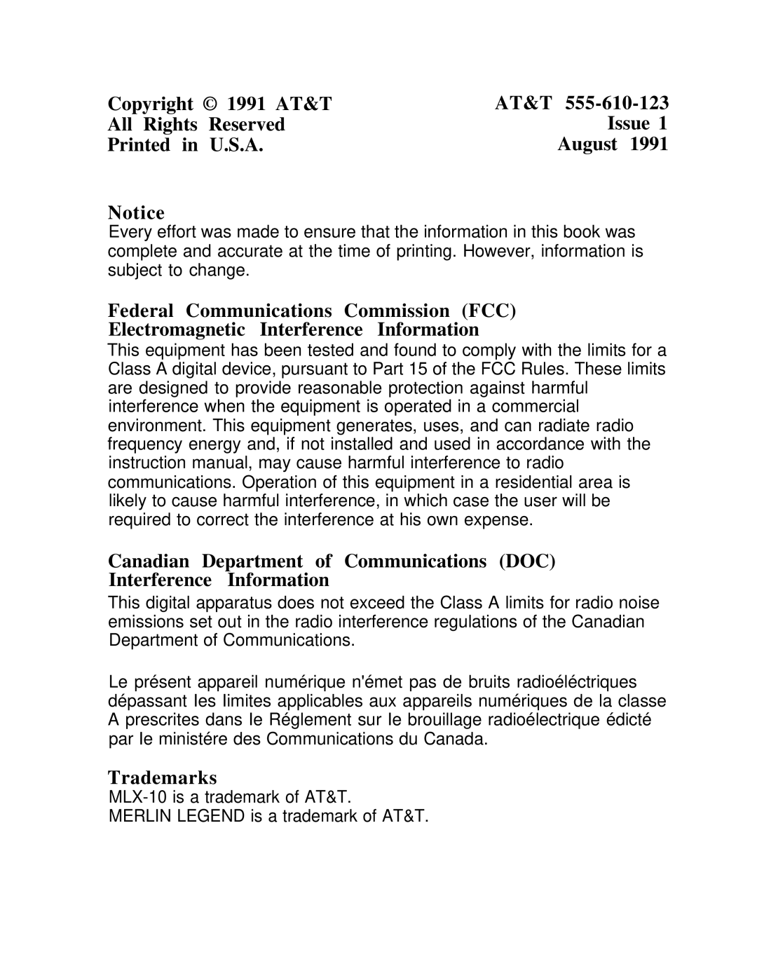 AT&T MLX-10 manual Copyright 1991 AT&T All Rights Reserved Issue Printed August 