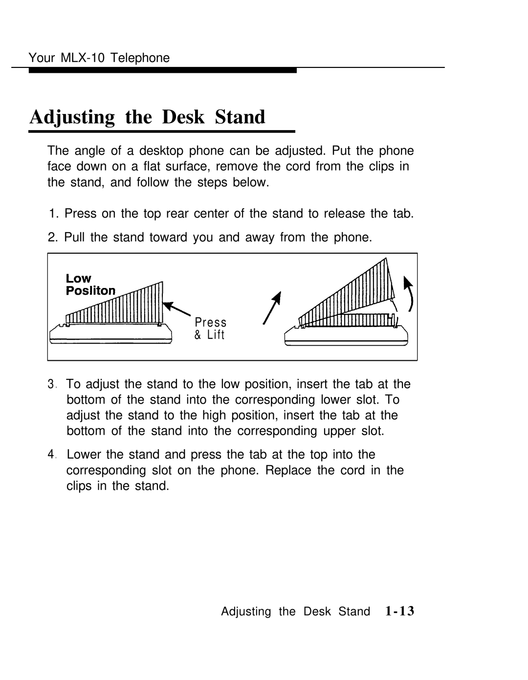 AT&T MLX-10 manual Adjusting the Desk Stand, Press Lift 