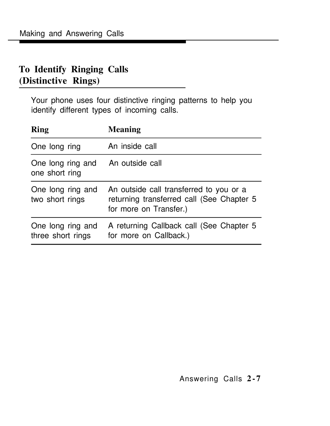 AT&T MLX-10 manual To Identify Ringing Calls Distinctive Rings, Ring Meaning 