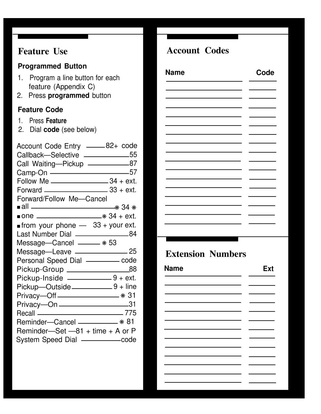 AT&T MLX-10 manual Feature Use, Account Codes, Extension Numbers 