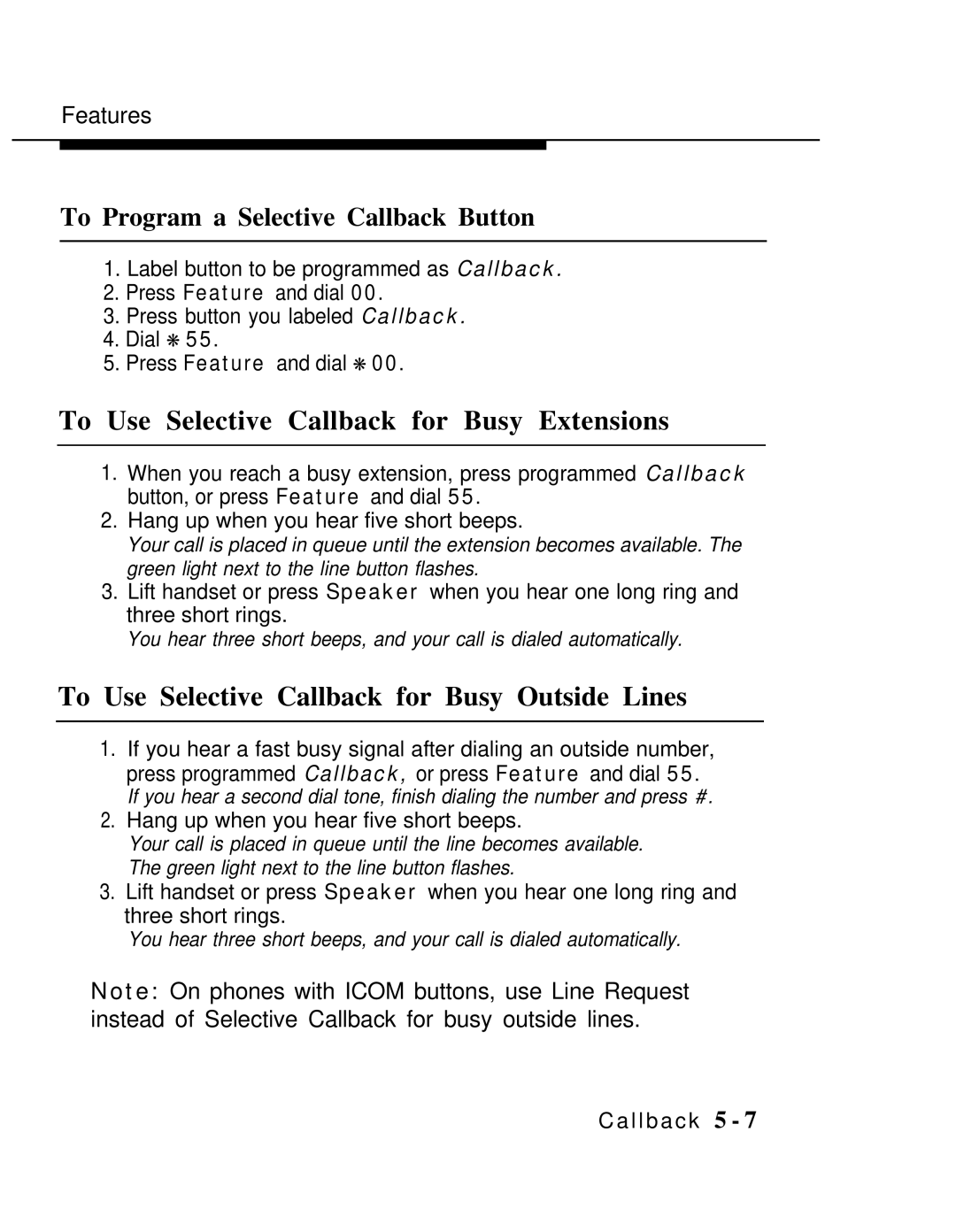 AT&T MLX-10 manual To Use Selective Callback for Busy Extensions, To Use Selective Callback for Busy Outside Lines 