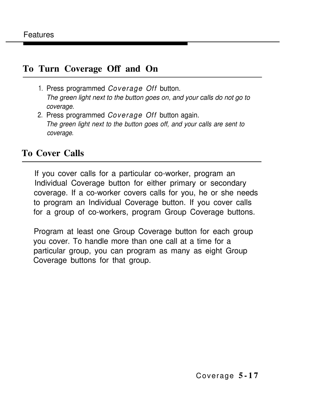 AT&T MLX-10 manual To Turn Coverage Off and On, To Cover Calls 