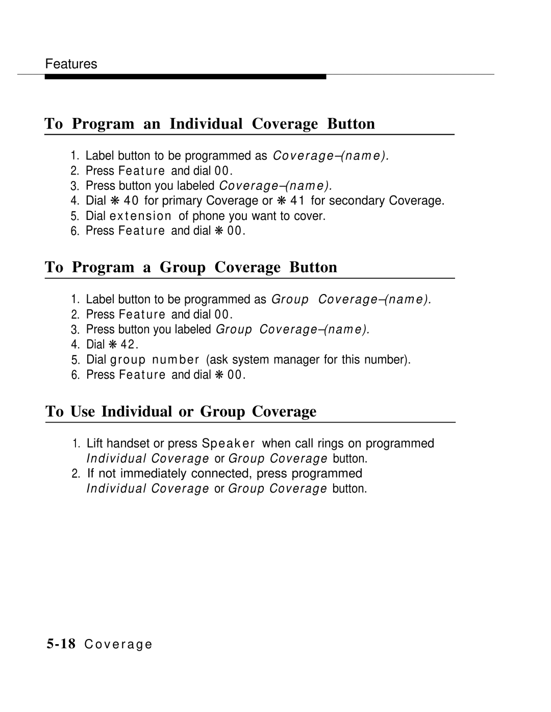 AT&T MLX-10 manual To Program an Individual Coverage Button, To Program a Group Coverage Button 