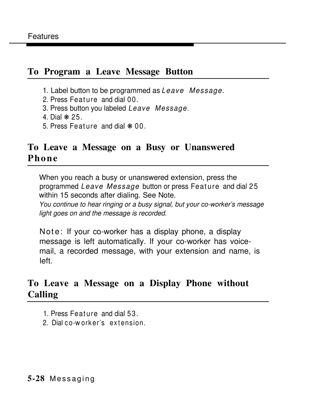 AT&T MLX-10 manual To Program a Leave Message Button, To Leave a Message on a Busy or Unanswered P h o n e 