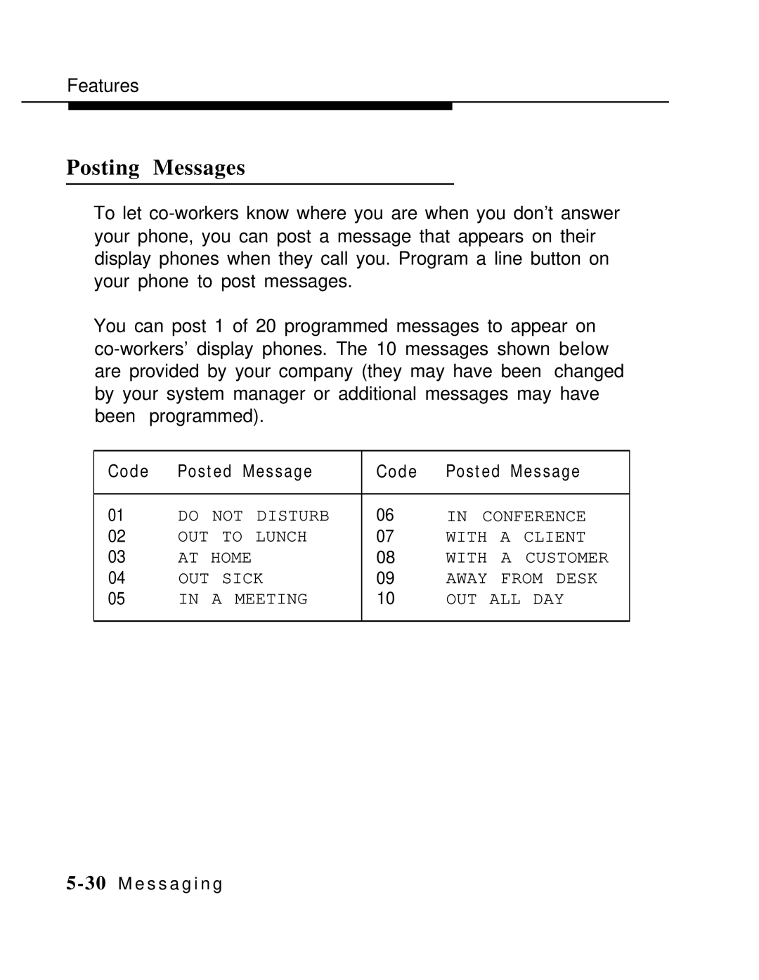 AT&T MLX-10 manual Posting Messages, Code Posted Message 