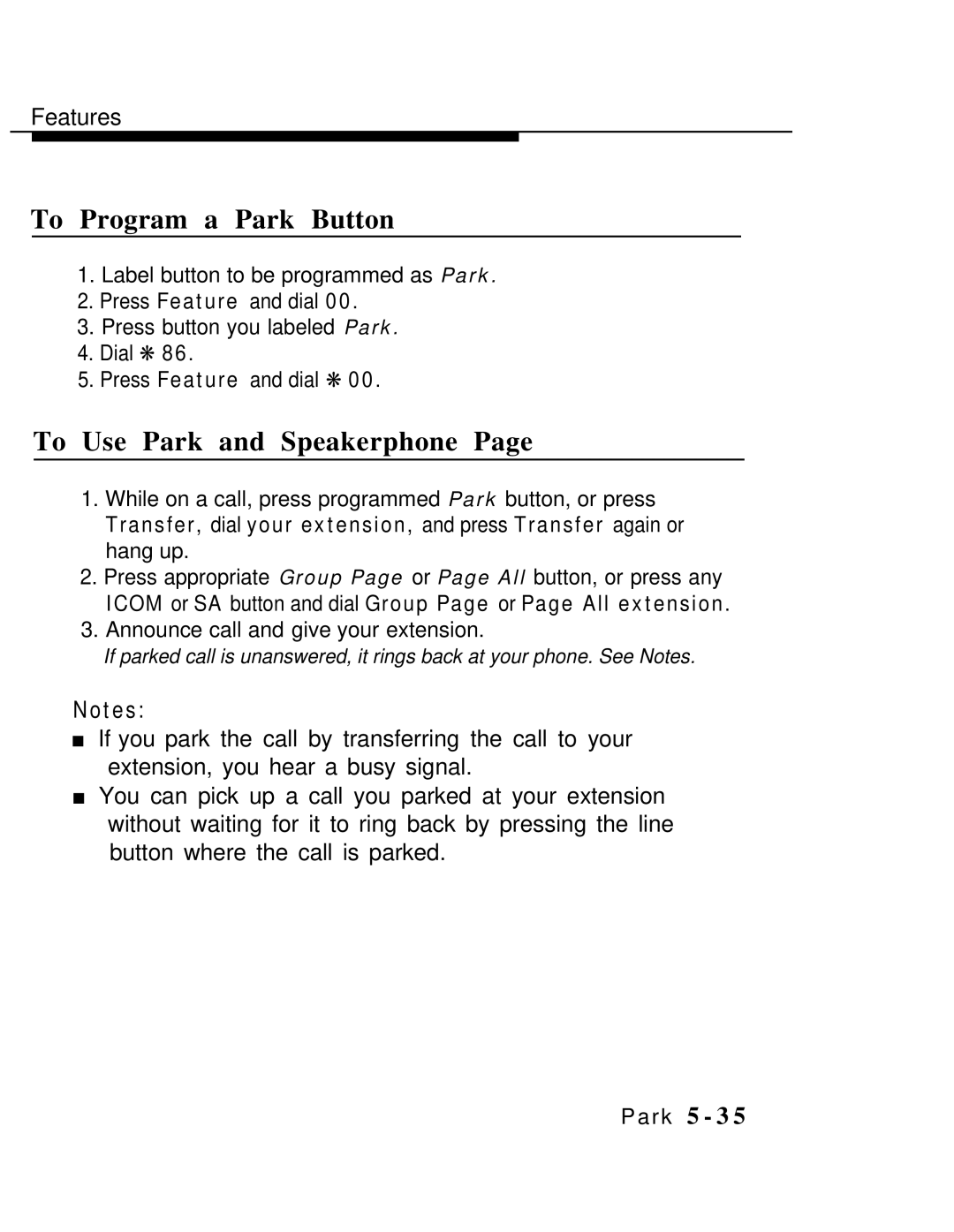 AT&T MLX-10 manual To Program a Park Button, To Use Park and Speakerphone 