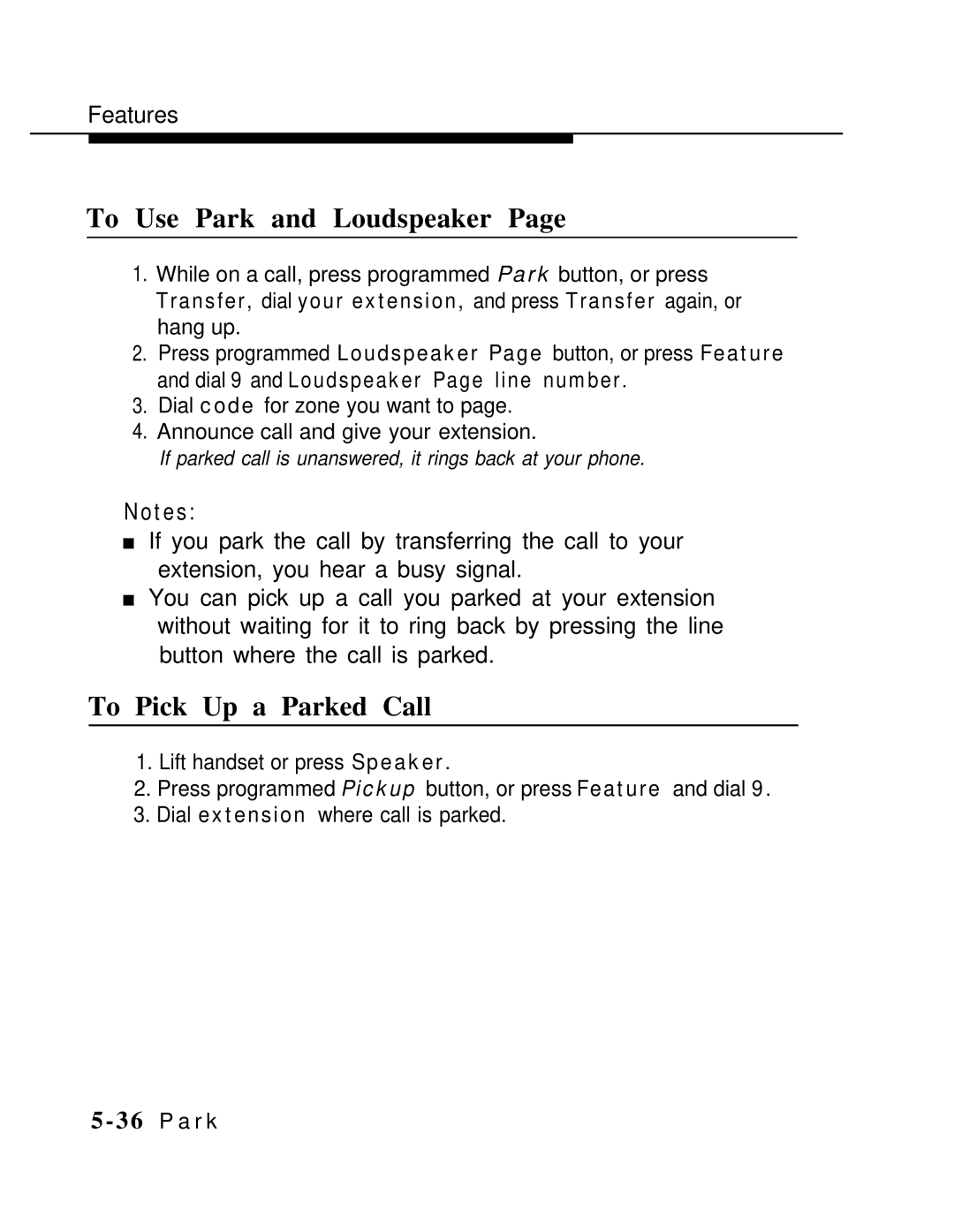 AT&T MLX-10 manual To Use Park and Loudspeaker, To Pick Up a Parked Call 