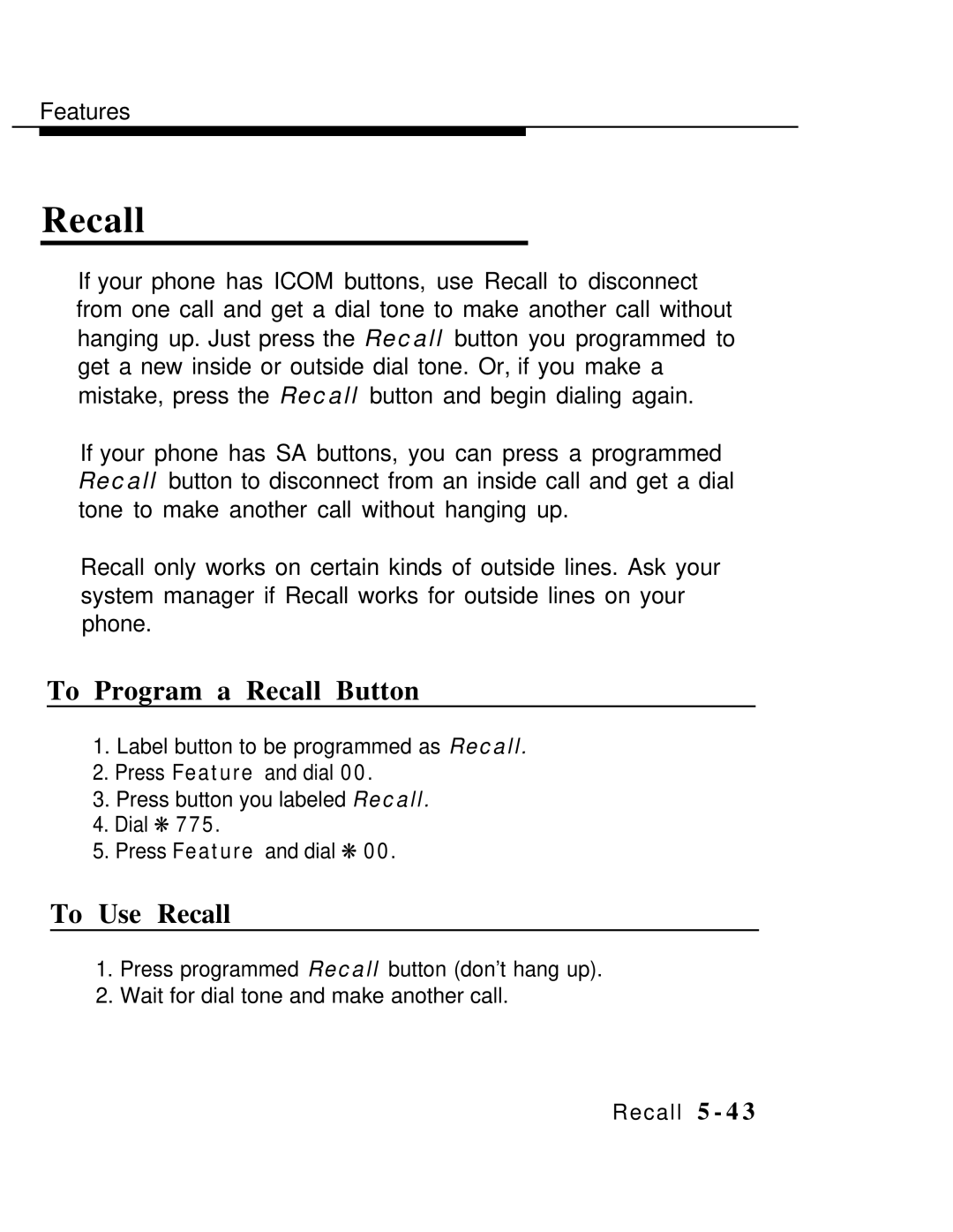 AT&T MLX-10 manual To Program a Recall Button, To Use Recall 