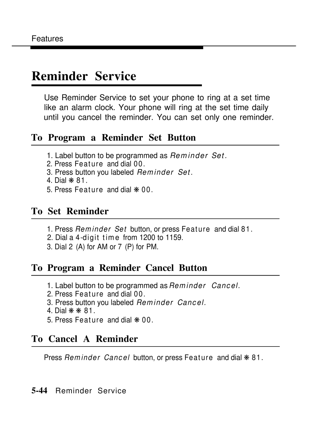 AT&T MLX-10 manual Reminder Service, To Program a Reminder Set Button, To Set Reminder, To Program a Reminder Cancel Button 