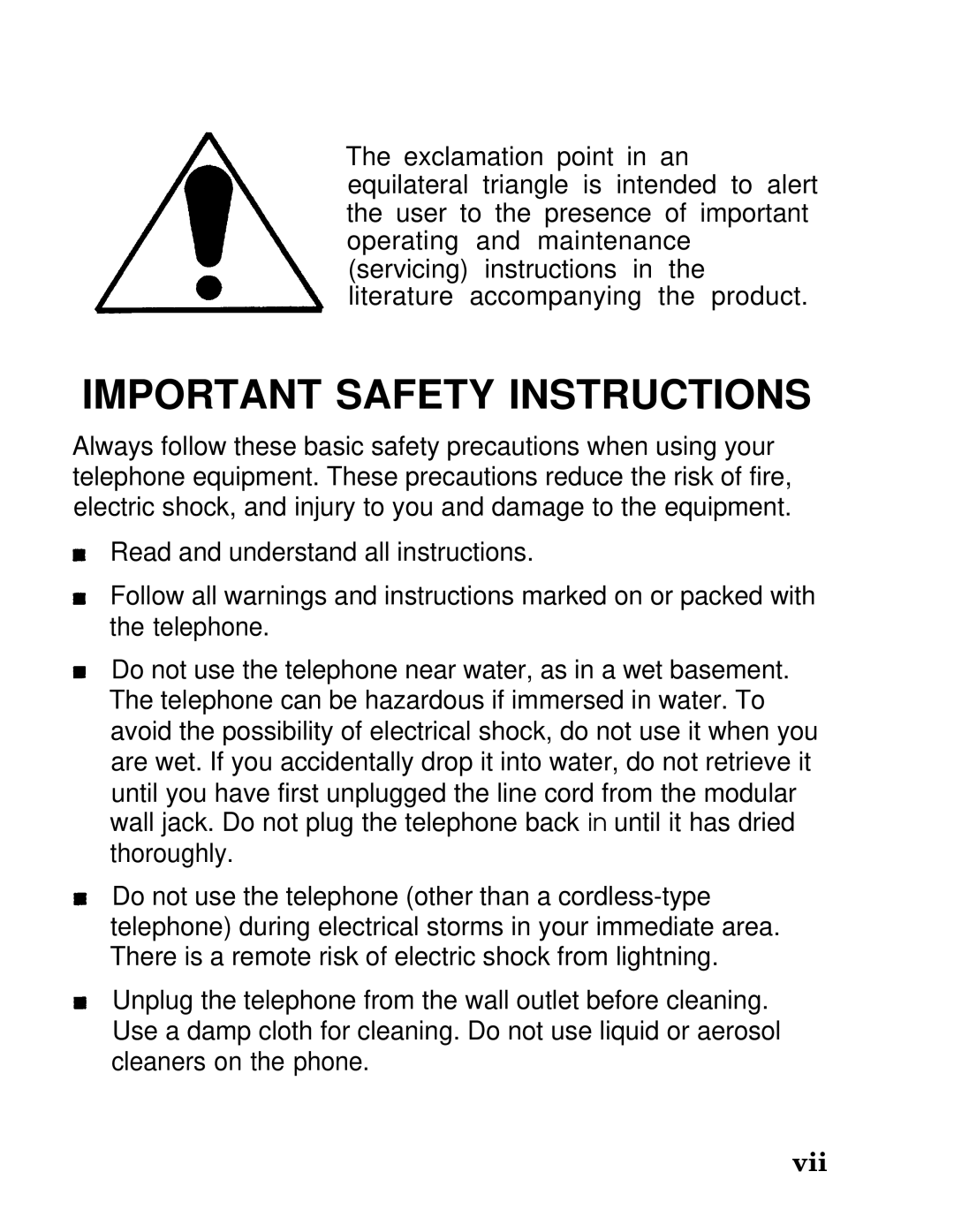 AT&T MLX-10D, MLX20L, MLX-28D manual Important Safety Instructions, Vii 